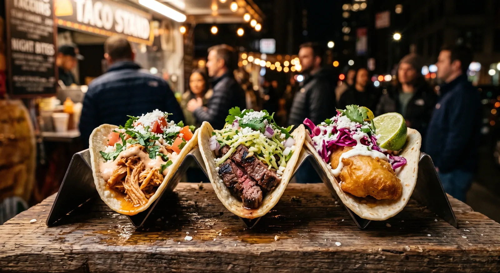 Carne asada, Baja fish and chicken tacos in a holder at a downtown taco stand at night, with a crowd and string lights