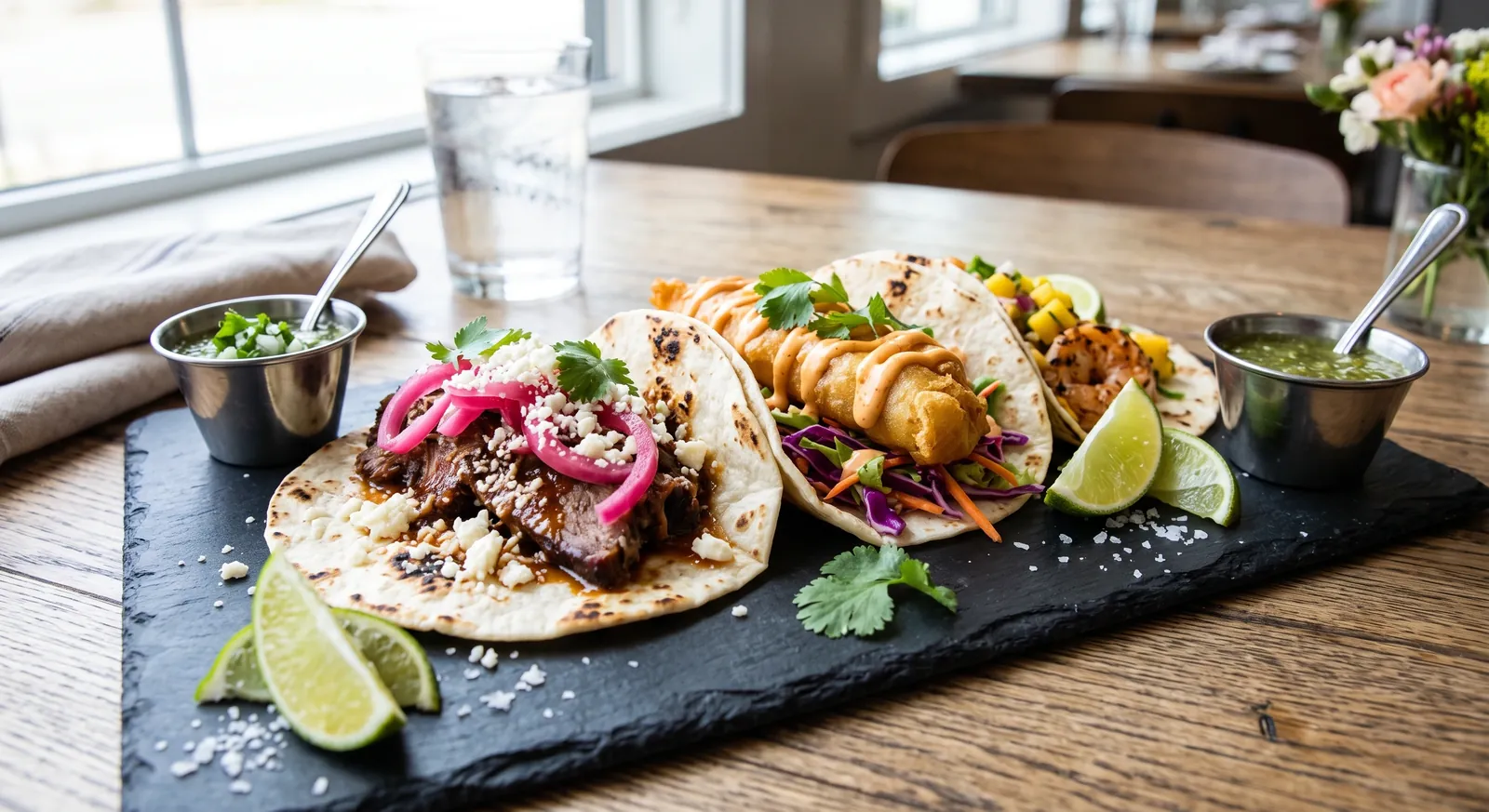 A slate board of barbacoa, Baja fish and grilled shrimp tacos with salsa verde and lime, plated for a group