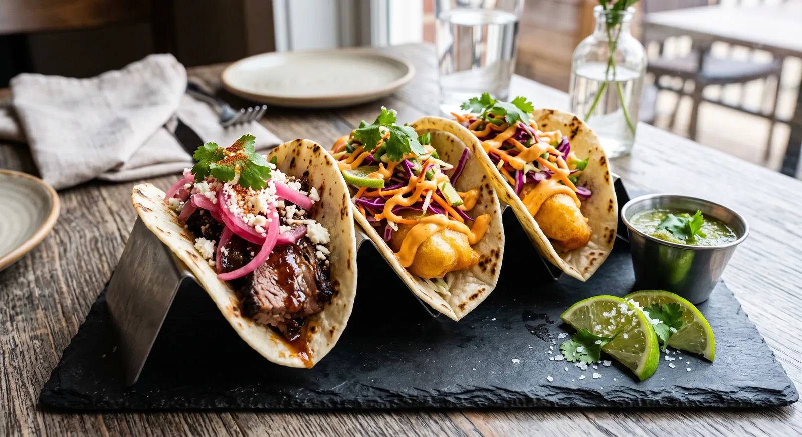 Barbacoa and Baja fish tacos in a stand on a slate board, topped with pickled onion, cotija and slaw, with salsa verde