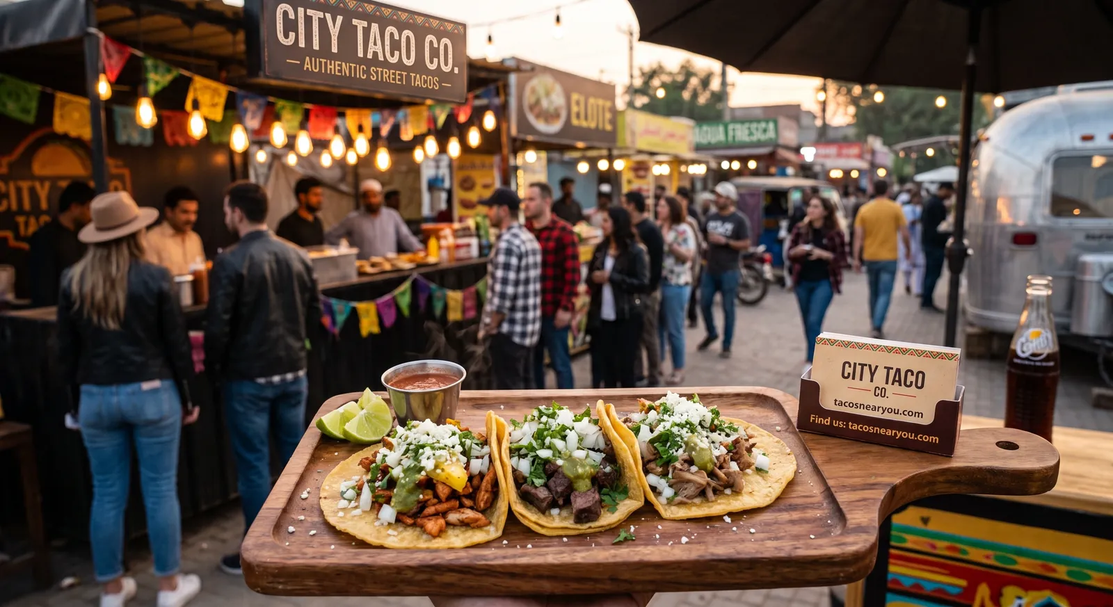 A wooden board of chicken, carne asada and carnitas street tacos with salsa verde and cotija at a taco festival stall