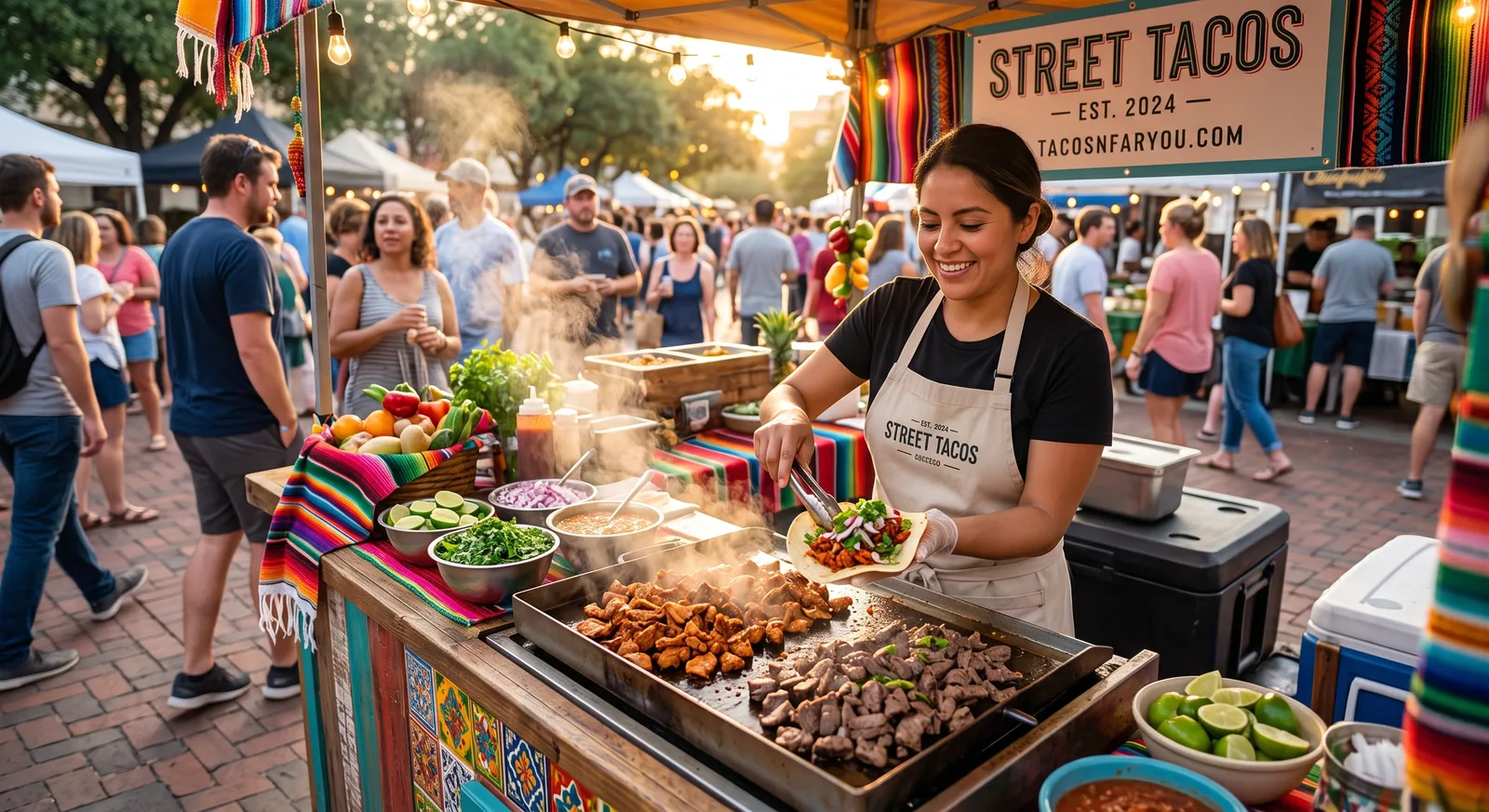 A cook assembling street tacos at a farmers-market taco stall at golden hour, with a salsa bar and a busy crowd behind