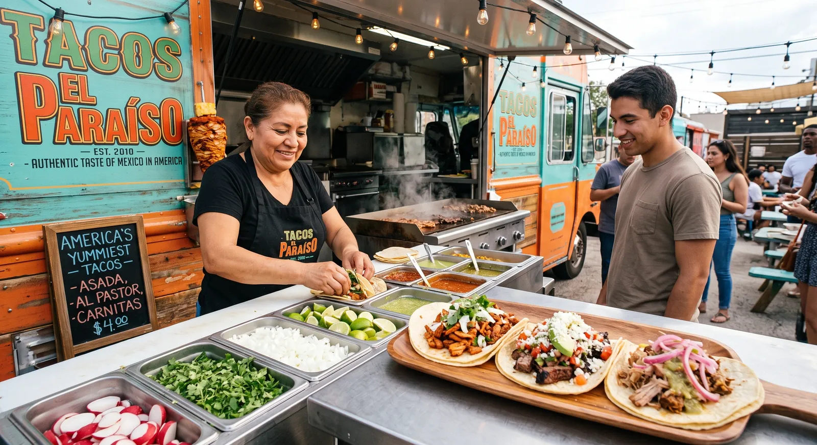 A cook at a taco truck handing a taco to a smiling customer, with an al pastor trompo, a flat-top grill and a salsa bar