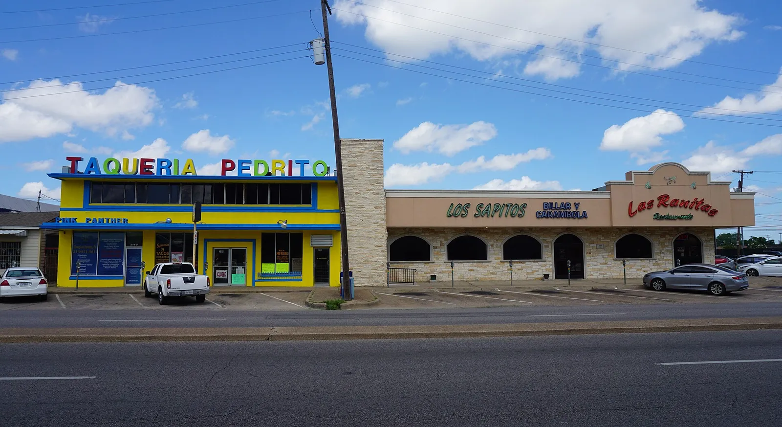 Taqueria Pedrito and Las Ranitas on a street in Oak Cliff, Dallas