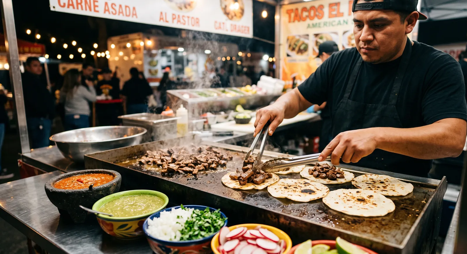A taquero grilling carne asada on a flat-top and building street tacos on charred corn tortillas at a night market