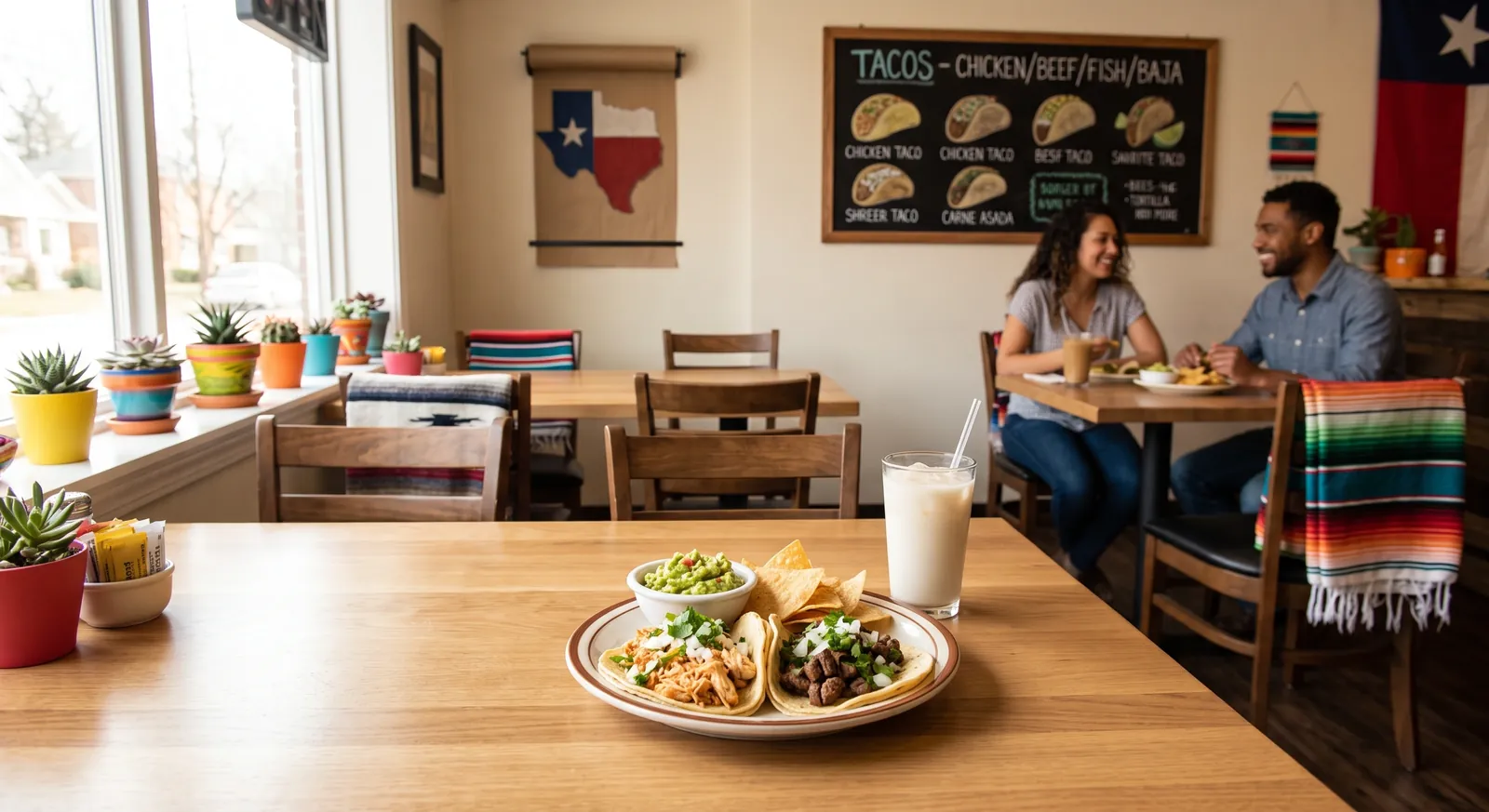 The interior of a cozy Tex-Mex taqueria with a chalkboard menu, a Texas flag, and a plate of chicken and carne asada tacos