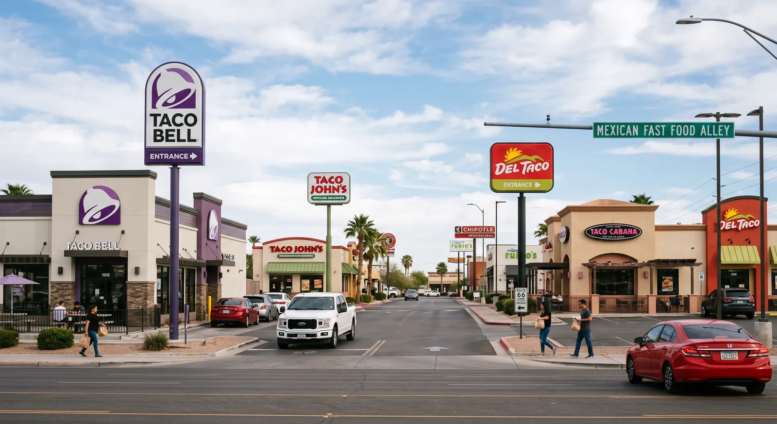 Taco Bell, Taco John's, Del Taco and Taco Cabana signs along a US commercial strip of Mexican fast-food chains